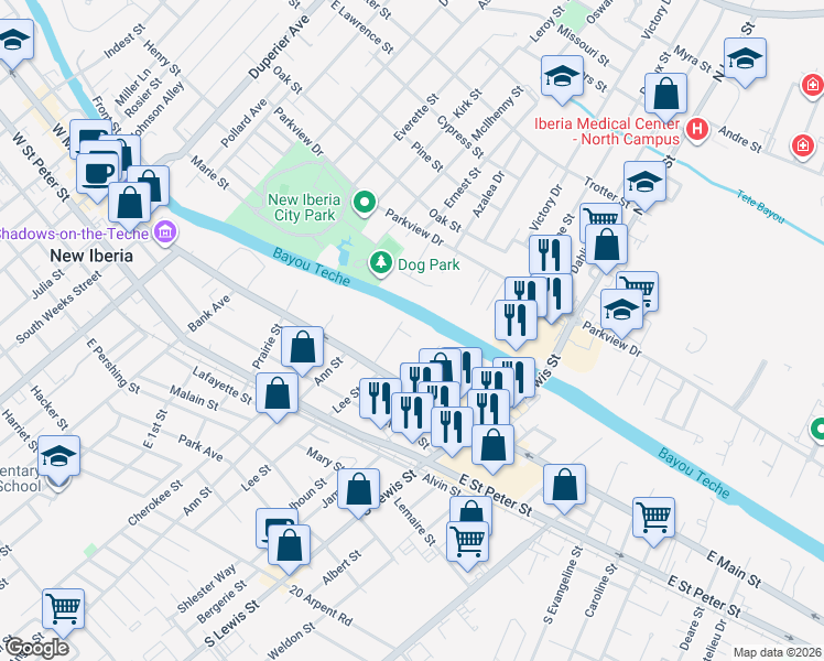 map of restaurants, bars, coffee shops, grocery stores, and more near 103 Aline Street in New Iberia