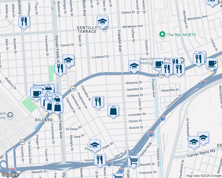 map of restaurants, bars, coffee shops, grocery stores, and more near 2502 Wisteria Street in New Orleans