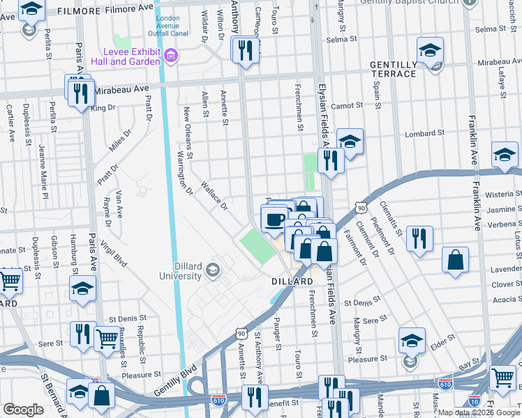 map of restaurants, bars, coffee shops, grocery stores, and more near 4233 Pauger Street in New Orleans