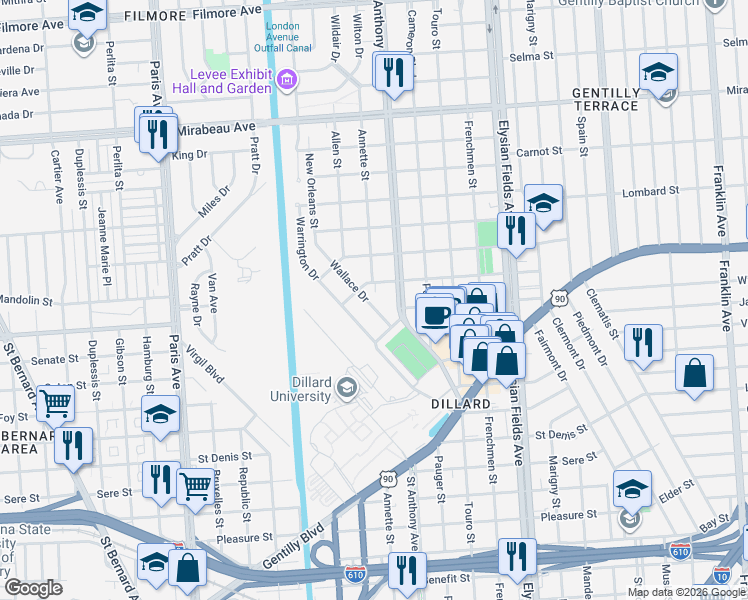map of restaurants, bars, coffee shops, grocery stores, and more near 401 Wallace Drive in New Orleans