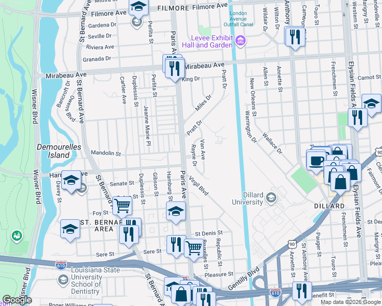 map of restaurants, bars, coffee shops, grocery stores, and more near 4331 Paris Avenue in New Orleans