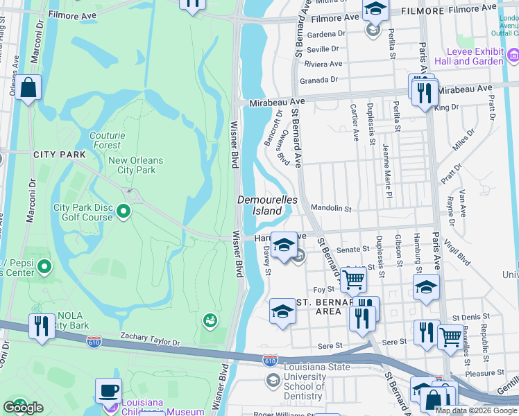 map of restaurants, bars, coffee shops, grocery stores, and more near 7 Park Island Drive in New Orleans