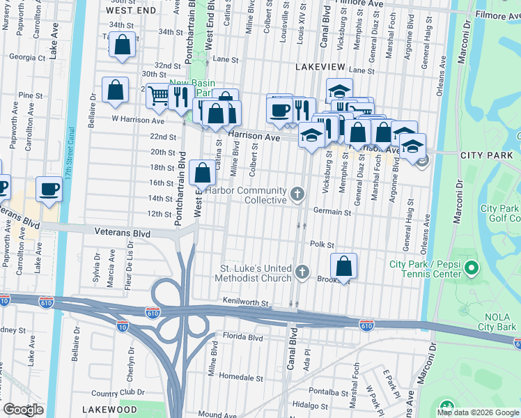 map of restaurants, bars, coffee shops, grocery stores, and more near 6110 Louisville Street in New Orleans