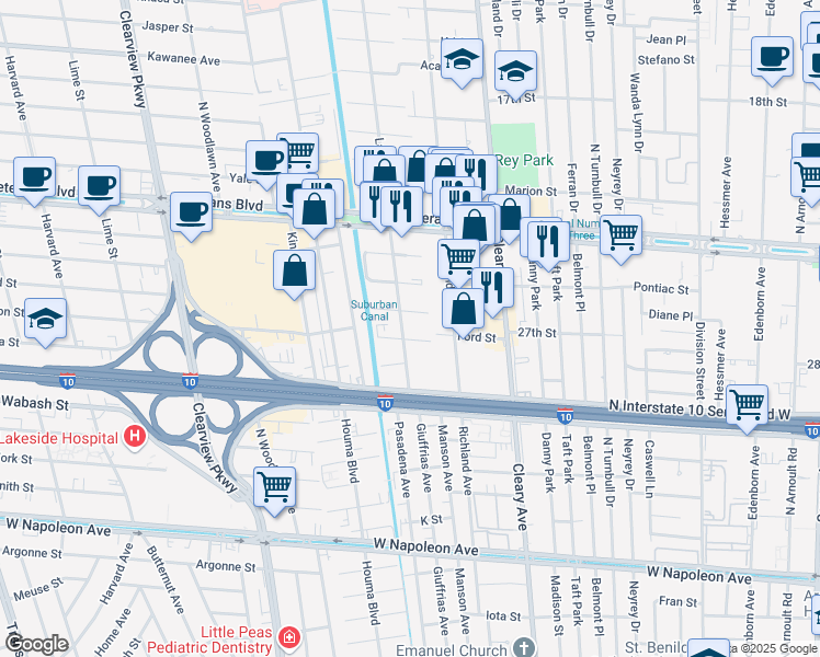 map of restaurants, bars, coffee shops, grocery stores, and more near 4028 Sanford Street in Metairie