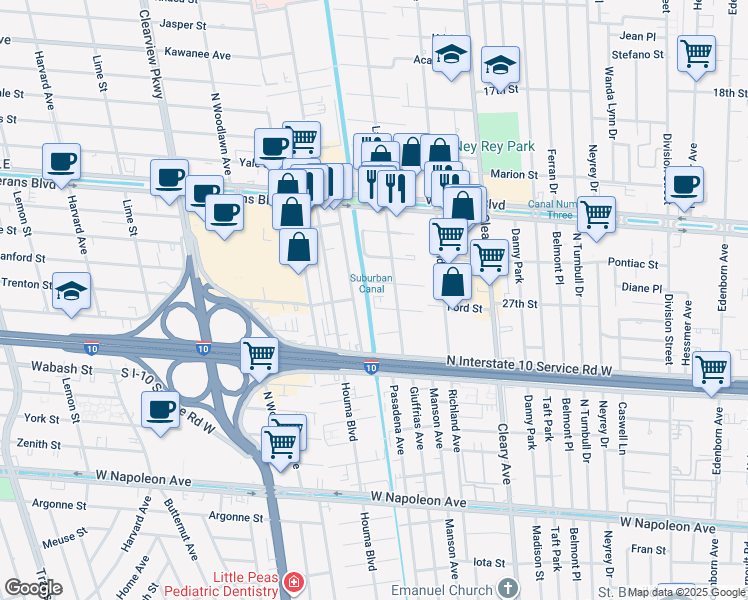 map of restaurants, bars, coffee shops, grocery stores, and more near 4108 Sanford Street in Metairie
