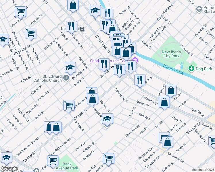 map of restaurants, bars, coffee shops, grocery stores, and more near in New Iberia