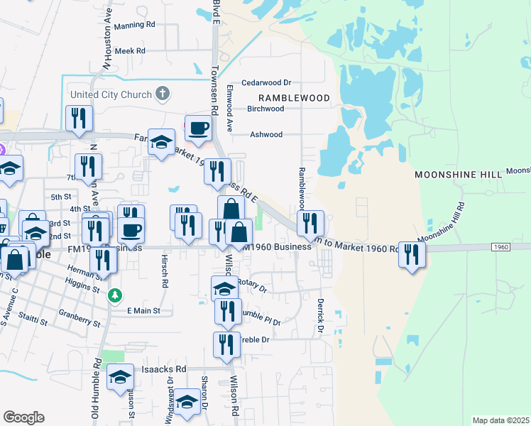map of restaurants, bars, coffee shops, grocery stores, and more near 1702 FM 1960 bypass road east in Humble