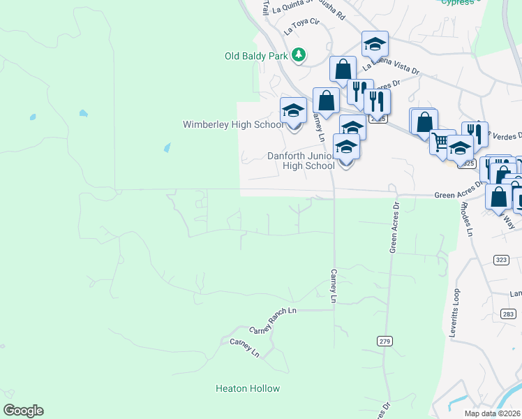 map of restaurants, bars, coffee shops, grocery stores, and more near 220 Lea Lane in Wimberley