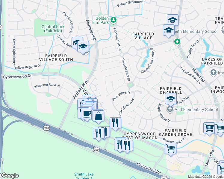 map of restaurants, bars, coffee shops, grocery stores, and more near 21514 Pebble Pine Court in Cypress