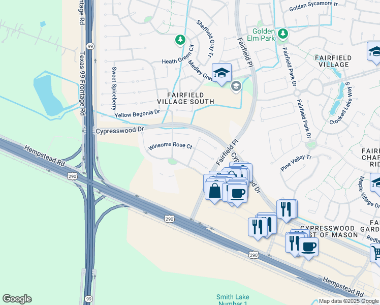 map of restaurants, bars, coffee shops, grocery stores, and more near 21742 Winsome Rose Court in Cypress