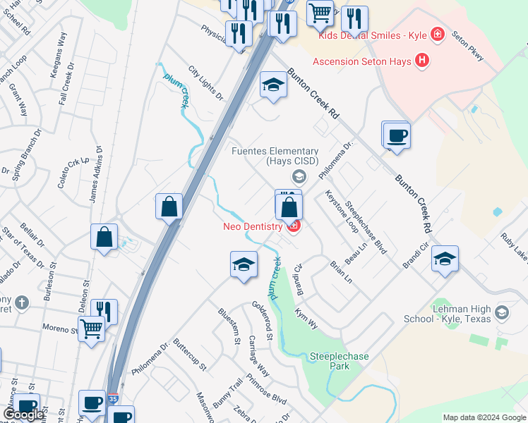 map of restaurants, bars, coffee shops, grocery stores, and more near 167 Pimlico Road in Kyle