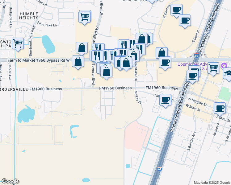 map of restaurants, bars, coffee shops, grocery stores, and more near 9498 Humble Westfield Road in Humble