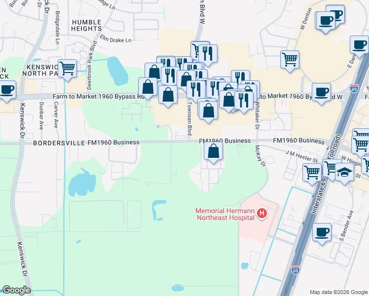 map of restaurants, bars, coffee shops, grocery stores, and more near 9334 Humble Westfield Road in Humble