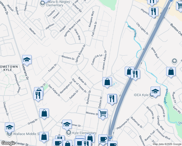 map of restaurants, bars, coffee shops, grocery stores, and more near 108 Briarwood Court in Kyle