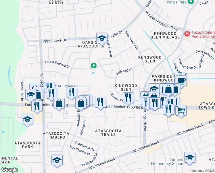 map of restaurants, bars, coffee shops, grocery stores, and more near 6002 Kristen Park Lane in Humble
