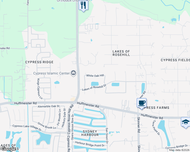map of restaurants, bars, coffee shops, grocery stores, and more near White Oak Hill in Cypress