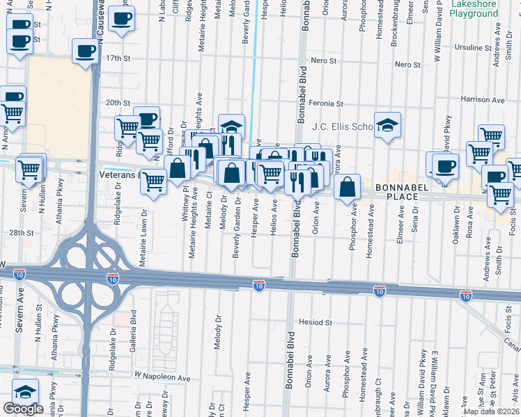 map of restaurants, bars, coffee shops, grocery stores, and more near 744 Hesper Avenue in Metairie