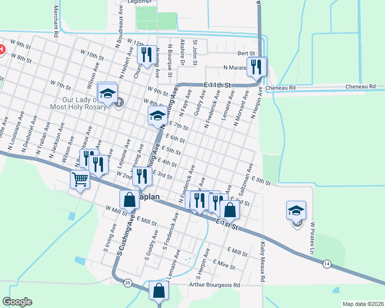 map of restaurants, bars, coffee shops, grocery stores, and more near 501-599 Guidry Avenue in Kaplan