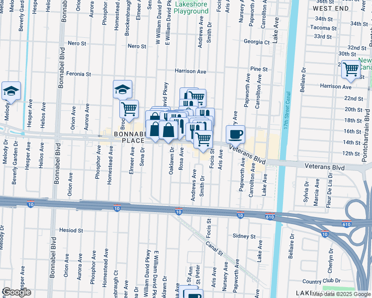 map of restaurants, bars, coffee shops, grocery stores, and more near 900 Veterans Memorial Boulevard in Metairie