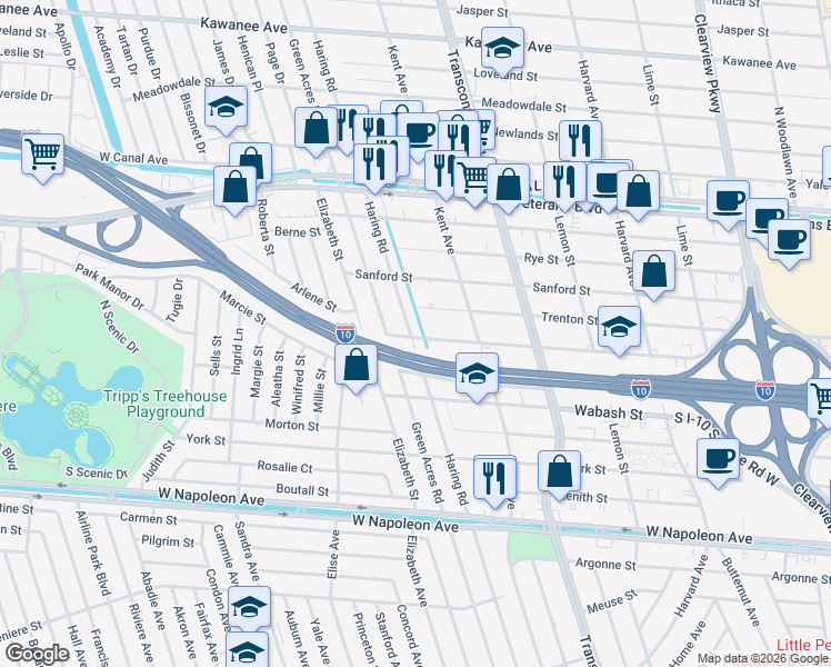 map of restaurants, bars, coffee shops, grocery stores, and more near 2809 Haring Road in Metairie