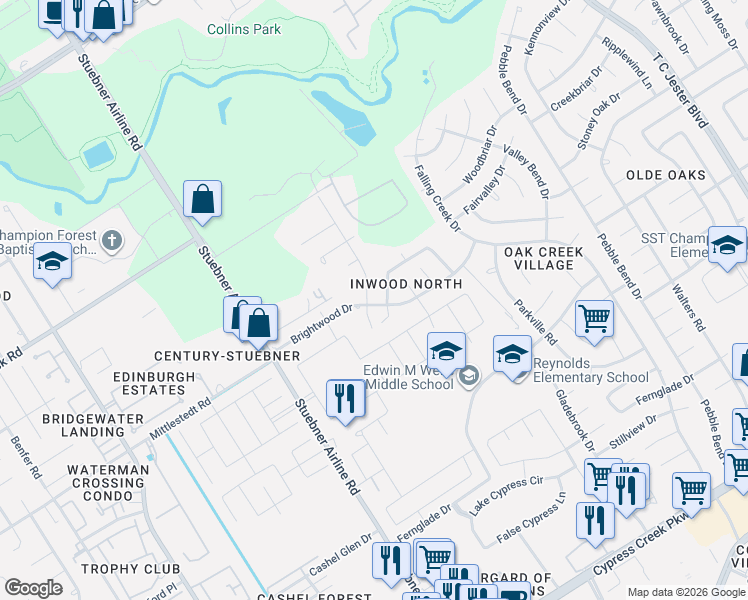 map of restaurants, bars, coffee shops, grocery stores, and more near 15510 Misty Hollow Drive in Houston