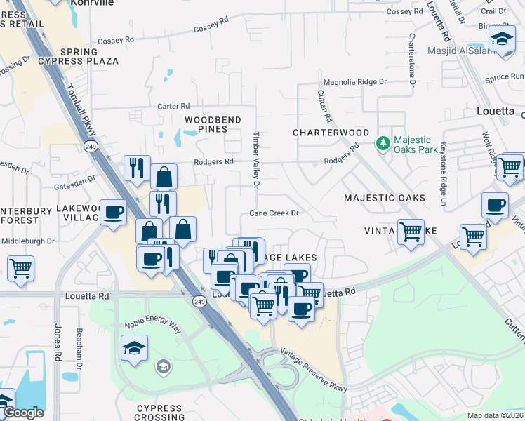 map of restaurants, bars, coffee shops, grocery stores, and more near 15911 Timber Valley Drive in Houston
