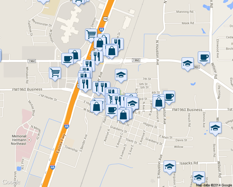 map of restaurants, bars, coffee shops, grocery stores, and more near 467 Charles Street in Humble