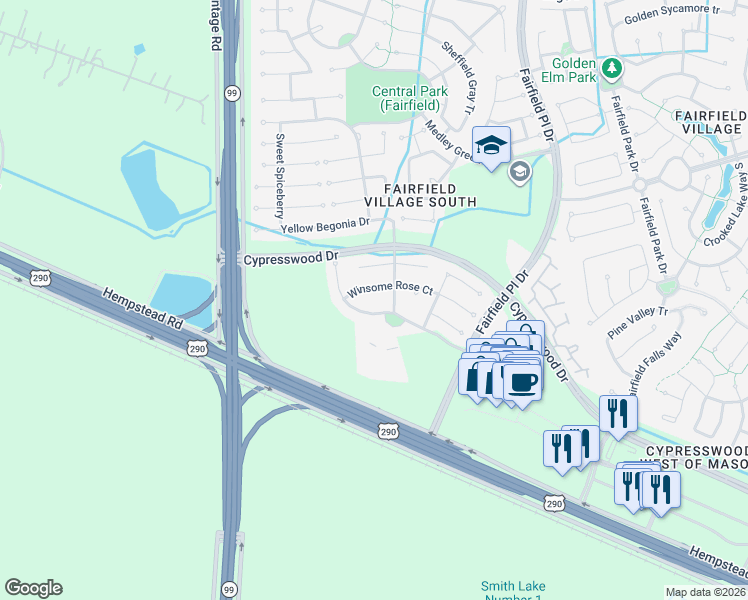 map of restaurants, bars, coffee shops, grocery stores, and more near 15111 Petal Rose Court in Cypress