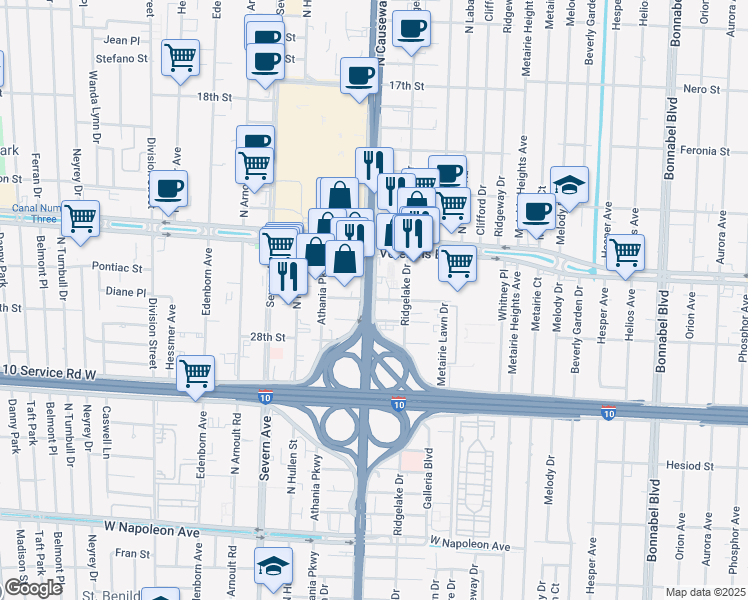 map of restaurants, bars, coffee shops, grocery stores, and more near 5209 Zenith Street in Metairie