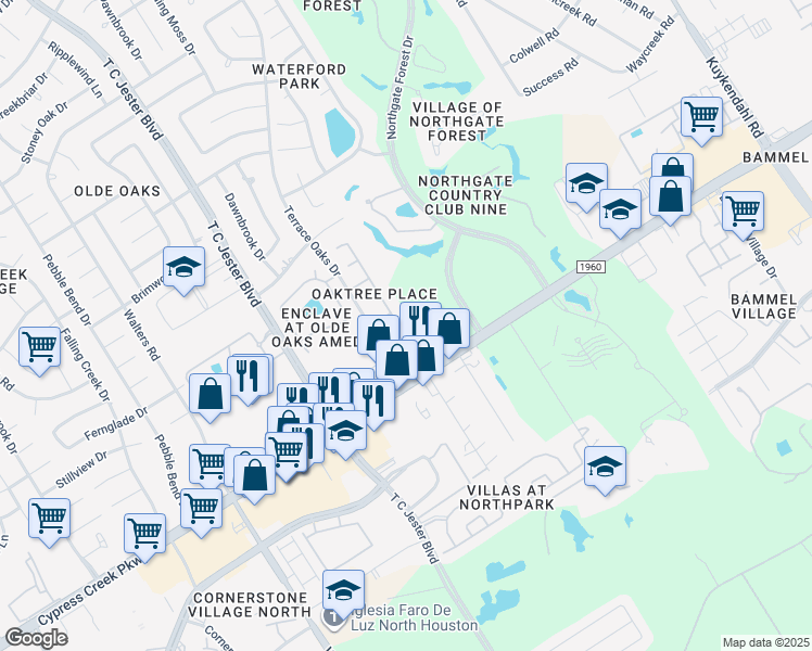 map of restaurants, bars, coffee shops, grocery stores, and more near 14714 Plantation Oak Drive in Houston