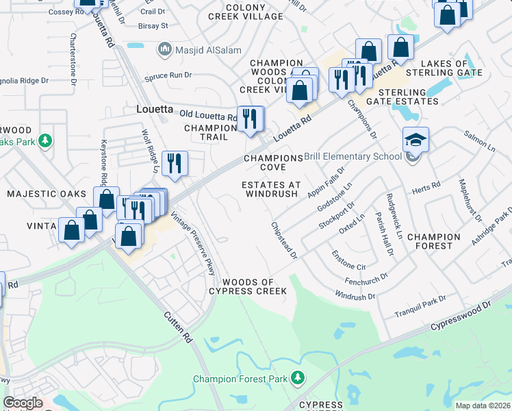 map of restaurants, bars, coffee shops, grocery stores, and more near 9710 Chipstead Circle in Spring