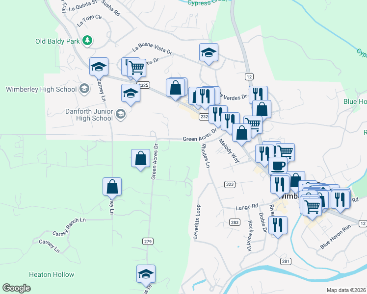 map of restaurants, bars, coffee shops, grocery stores, and more near 301 Green Acres Drive in Wimberley
