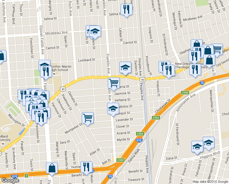 map of restaurants, bars, coffee shops, grocery stores, and more near 2619 Jasmine St in New Orleans
