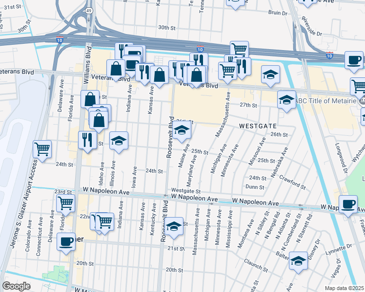 map of restaurants, bars, coffee shops, grocery stores, and more near 2504 Maine Avenue in Metairie