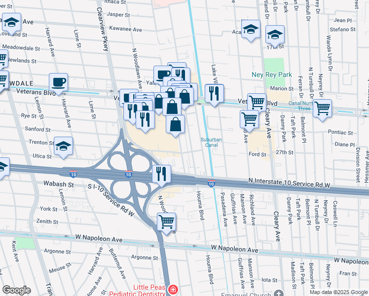 map of restaurants, bars, coffee shops, grocery stores, and more near 2917 Kingman Street in Metairie