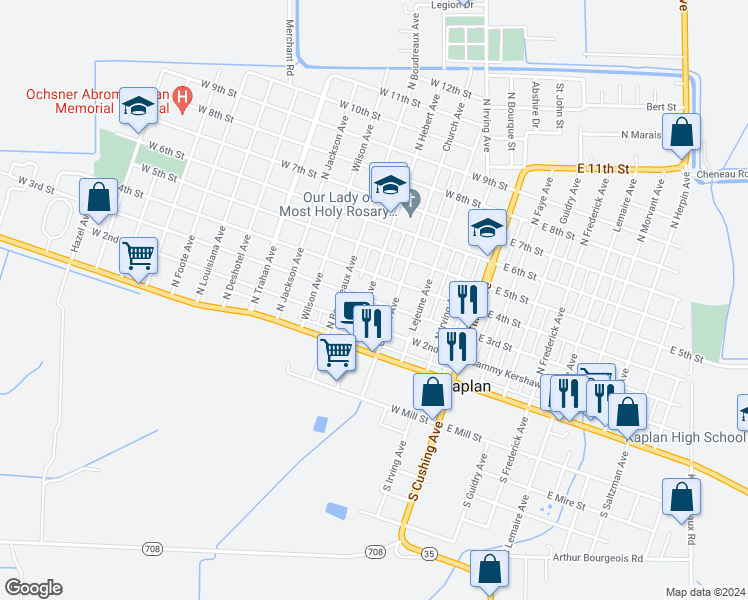 map of restaurants, bars, coffee shops, grocery stores, and more near 301 North Hebert Avenue in Kaplan
