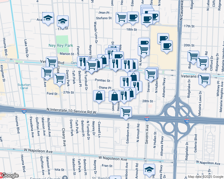 map of restaurants, bars, coffee shops, grocery stores, and more near 3707 Diane Place in Metairie