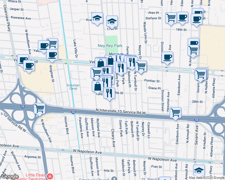map of restaurants, bars, coffee shops, grocery stores, and more near 3012 Danny Park in Metairie