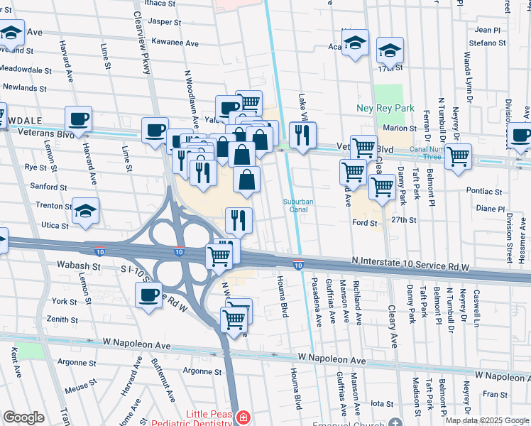map of restaurants, bars, coffee shops, grocery stores, and more near 2917 Kingman Street in Metairie