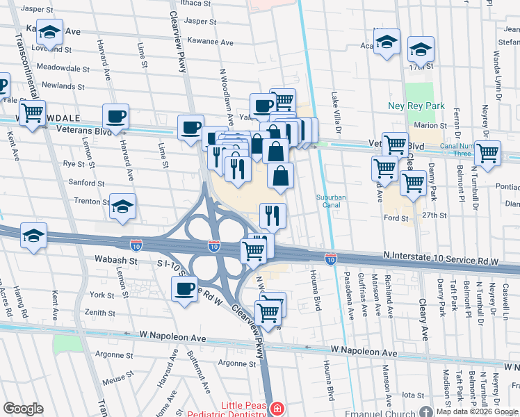 map of restaurants, bars, coffee shops, grocery stores, and more near 4400 Veterans Memorial Boulevard in Metairie