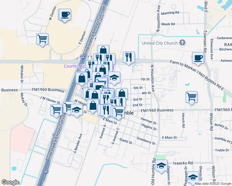map of restaurants, bars, coffee shops, grocery stores, and more near 341 Charles Street in Humble