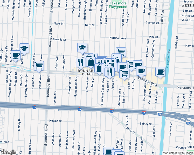 map of restaurants, bars, coffee shops, grocery stores, and more near 524 Sena Drive in Metairie
