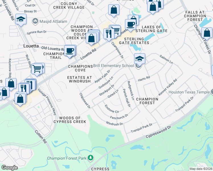 map of restaurants, bars, coffee shops, grocery stores, and more near 9510 Godstone Lane in Spring
