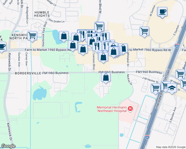 map of restaurants, bars, coffee shops, grocery stores, and more near 9334 Humble Westfield Road in Humble