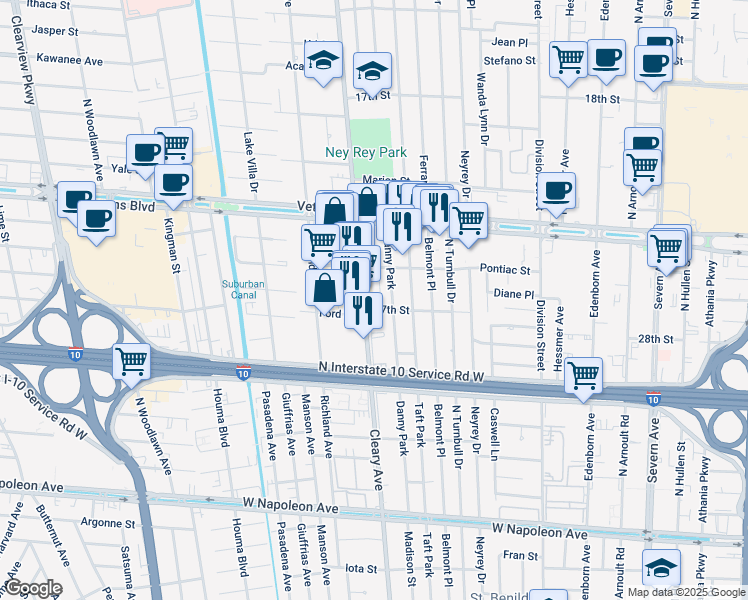 map of restaurants, bars, coffee shops, grocery stores, and more near 3012 Danny Park in Metairie