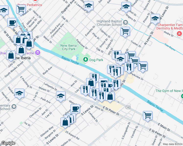 map of restaurants, bars, coffee shops, grocery stores, and more near 103 Aline Street in New Iberia