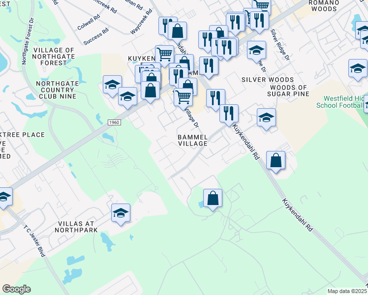 map of restaurants, bars, coffee shops, grocery stores, and more near 15522 Kiplands Bend Drive in Houston