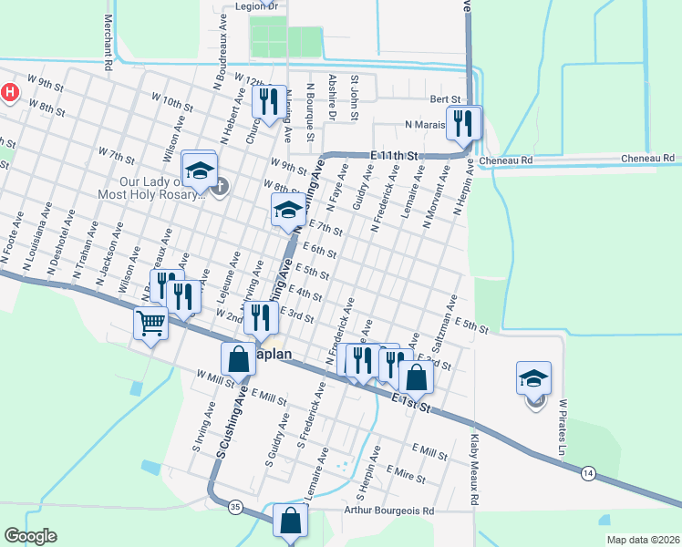map of restaurants, bars, coffee shops, grocery stores, and more near 501 Guidry Avenue in Kaplan