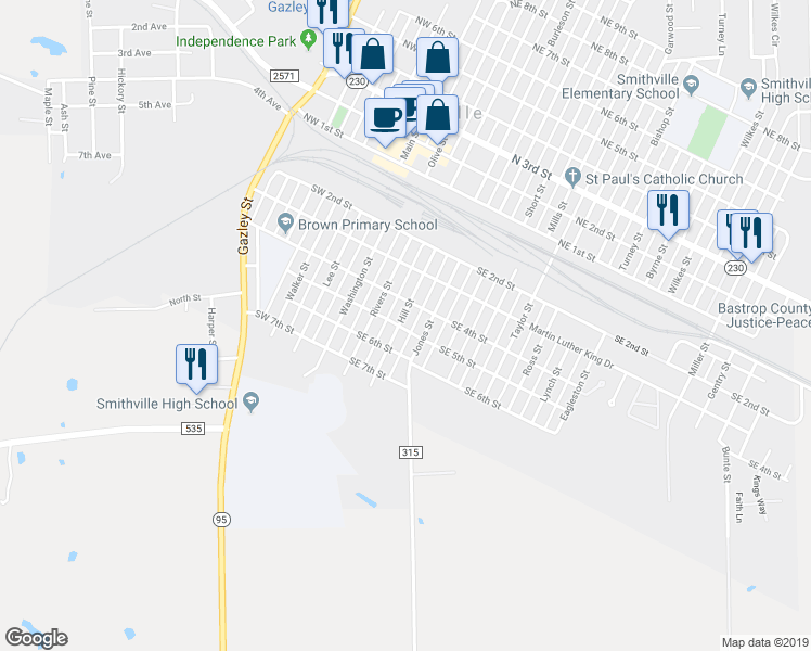 map of restaurants, bars, coffee shops, grocery stores, and more near 407 Hill Street in Smithville