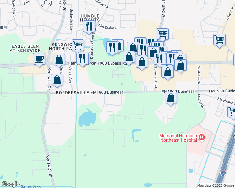 map of restaurants, bars, coffee shops, grocery stores, and more near 9030 Farm to Market 1960 in Humble